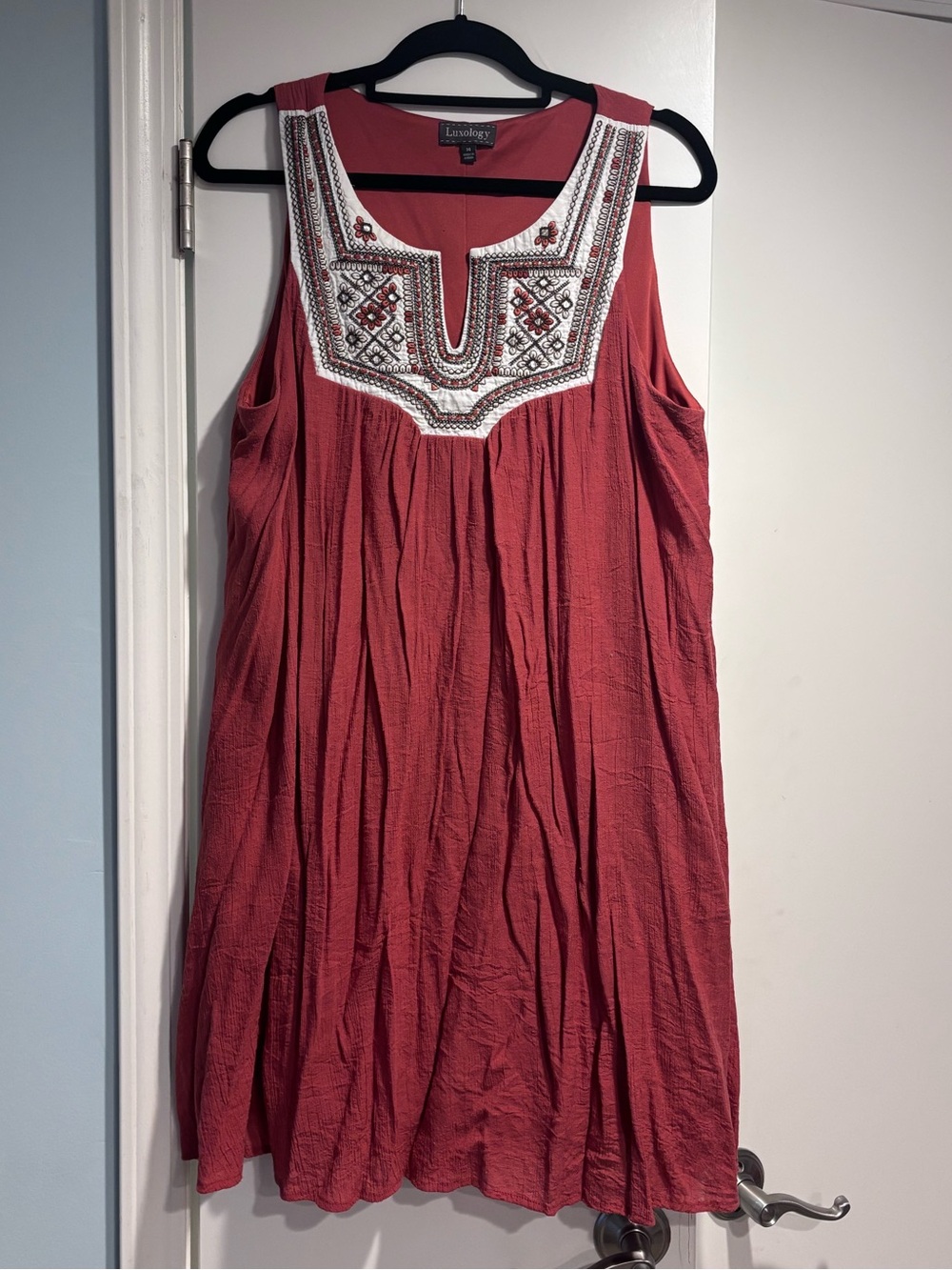 Luxology Rust-colored Sleeveless Embroidered Tunic Dress